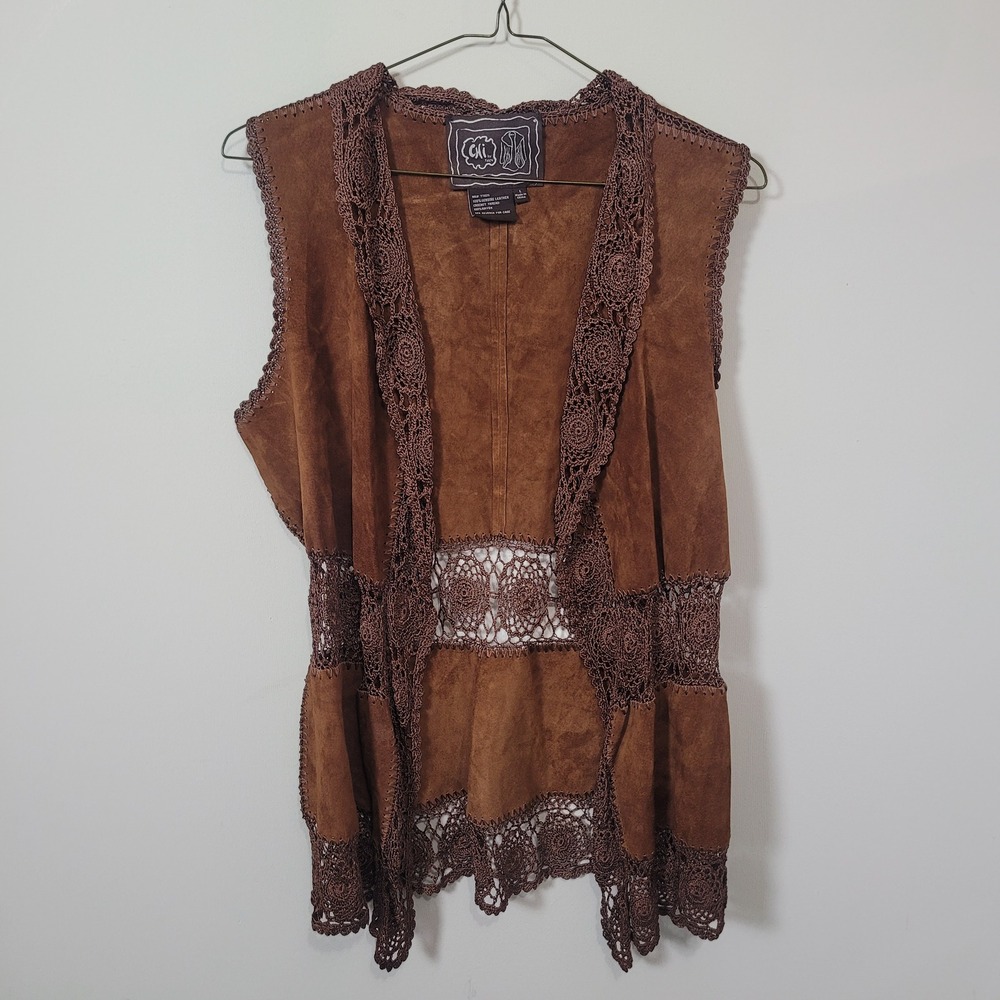 Chi by Falchi Large Suede Crochet Lace Vest Womens Brown Boho Western Open Front
